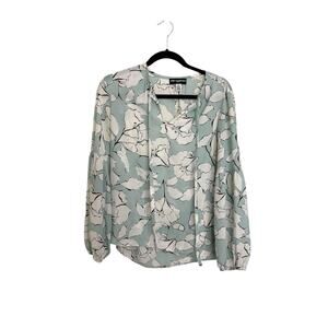 Karl Lagerfeld Top Womens XS Floral Tie Neck Balloon Sleeve Sea Foam Blue